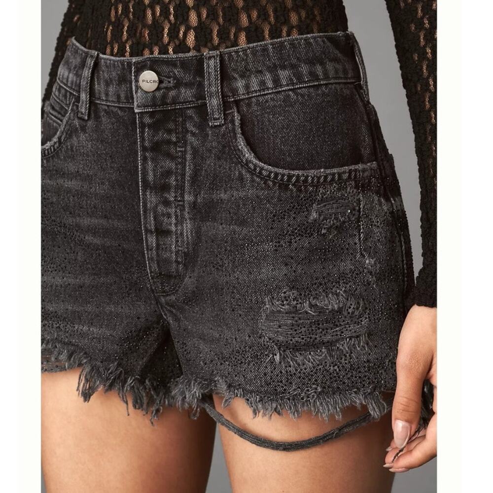 Pilcro Anthropologie Devon Denim Shorts 25 Black Rhinestone Distressed Frayed